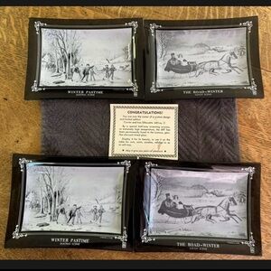 This is HTF! 
Currier And Ives Silhouette Artray set of 4.
Limited edition.